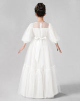 Ivory Satin Tulle A-line Girls Formal Dress Back View