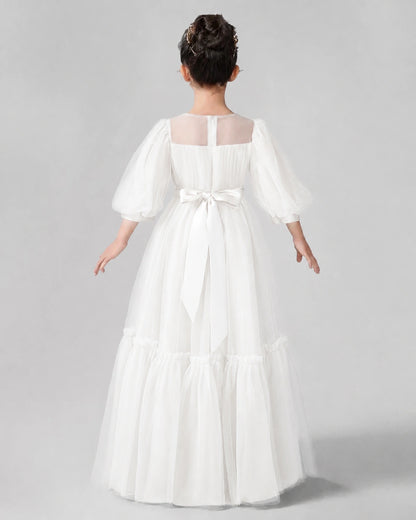 Ivory Satin Tulle A-line Girls Formal Dress Back View