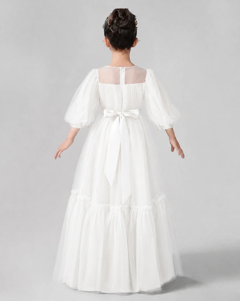 Ivory Satin Tulle A-line Girls Formal Dress Back View