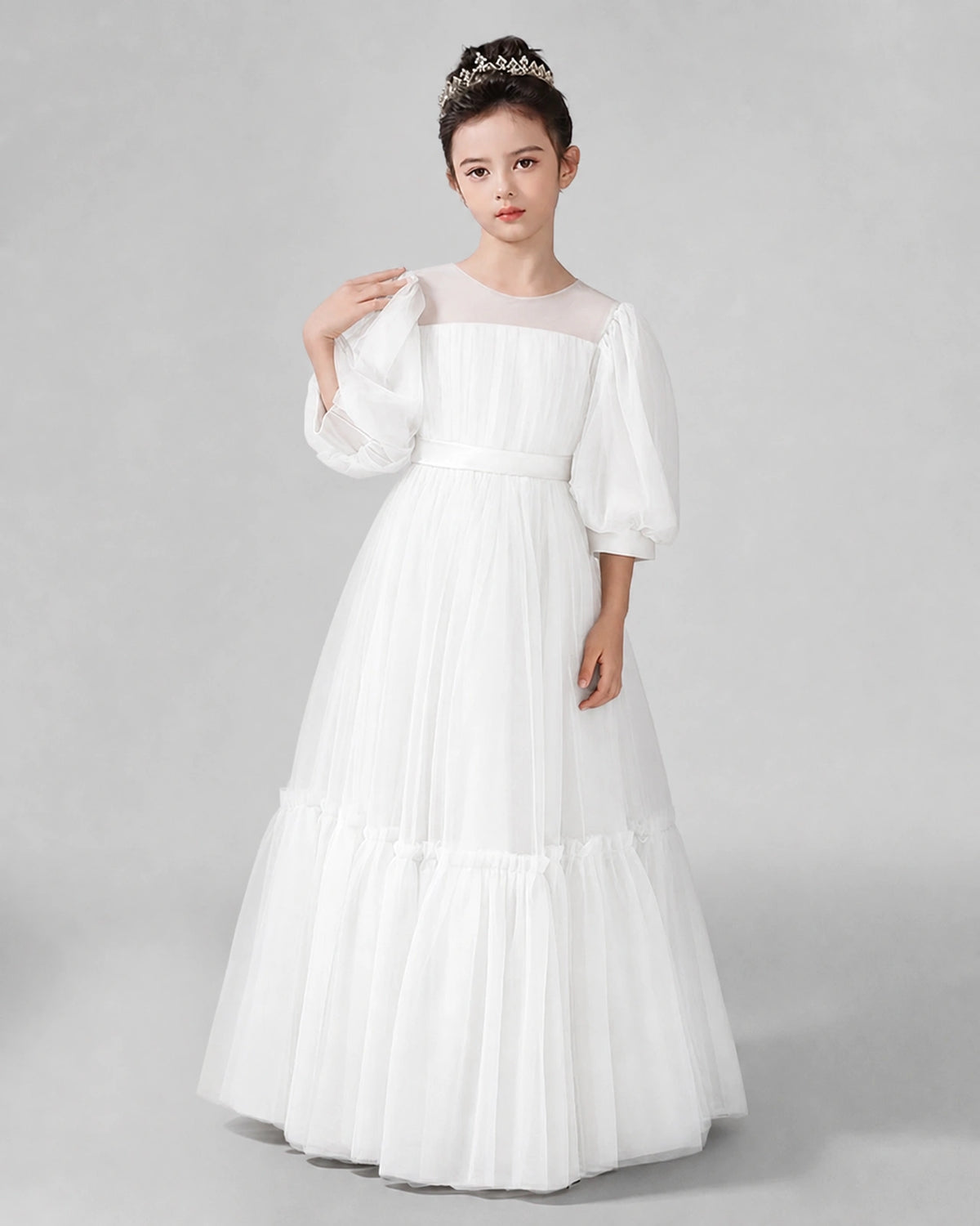 Ivory Satin Tulle A-line Girls Formal Dress Front View