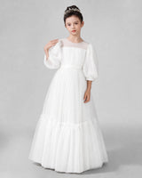 Ivory Satin Tulle A-line Girls Formal Dress Front View