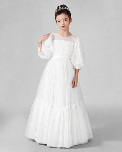 Ivory Satin Tulle A-line Girls Formal Dress Front View