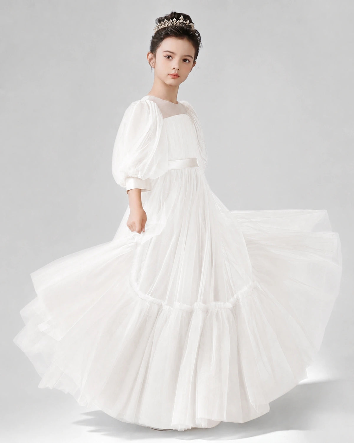 Ivory Satin Tulle A-line Girls Formal Dress Side View