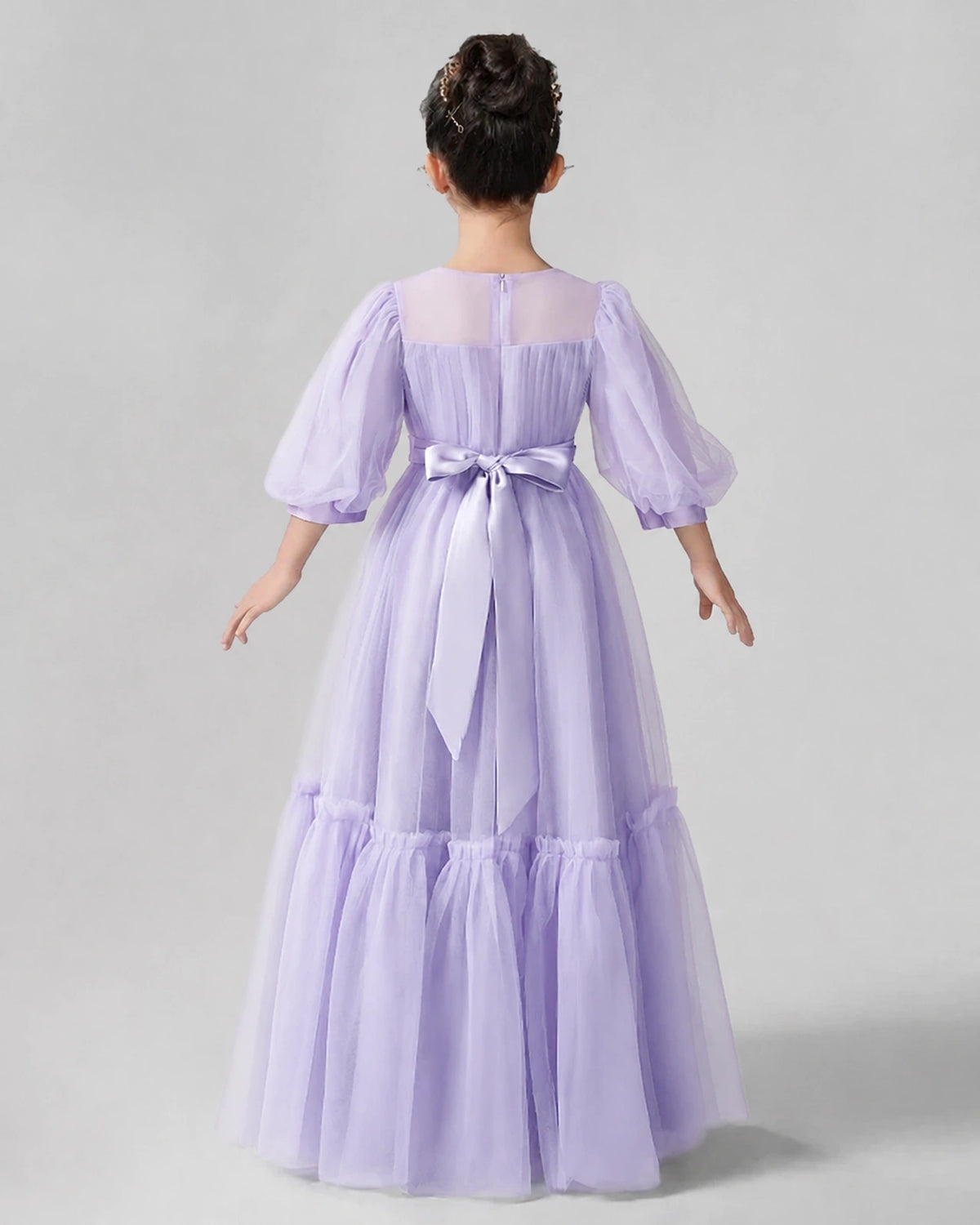 Lilac Satin Tulle A-line Girls Formal Dress Back View