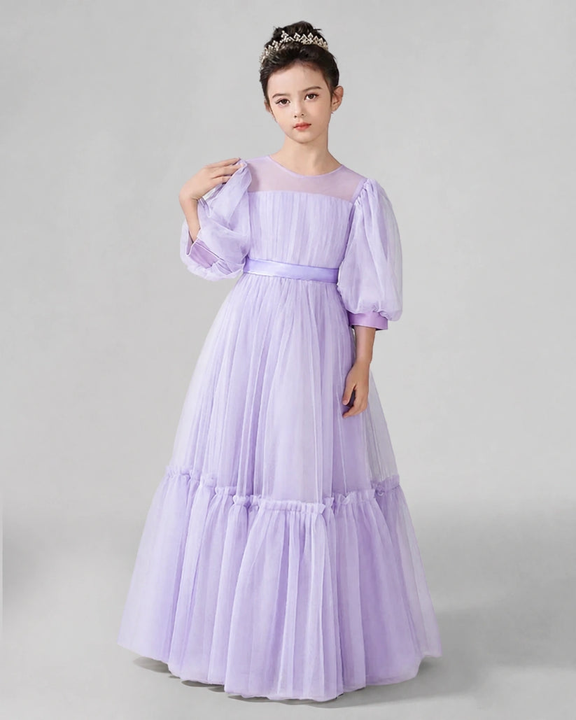 Lilac Satin Tulle A-line Girls Formal Dress Front View
