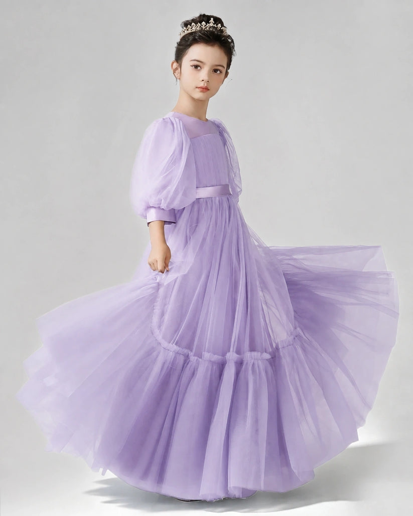 Lilac Satin Tulle A-line Girls Formal Dress Side View