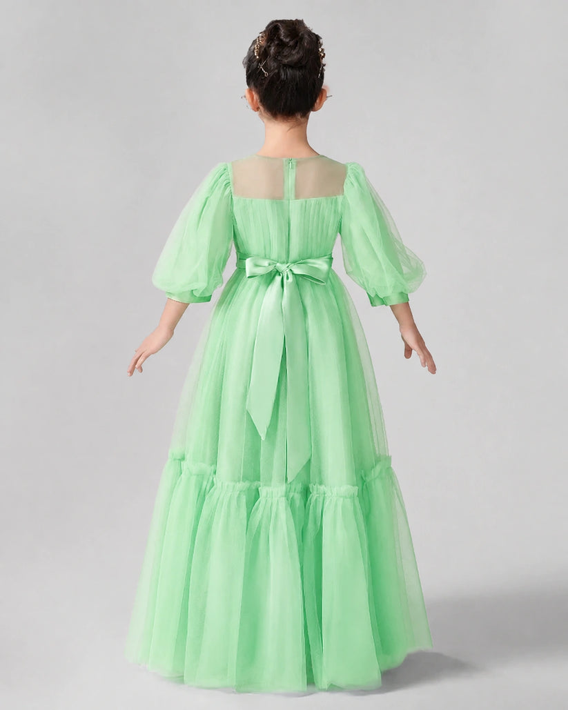 Mint Green Satin Tulle A-line Girls Formal Dress Back View