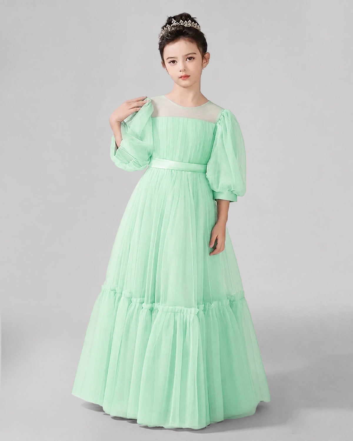 Mint Green Satin Tulle A-line Girls Formal Dress Front View