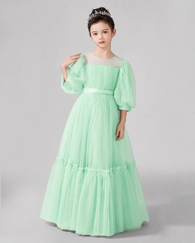 Mint Green Satin Tulle A-line Girls Formal Dress Front View