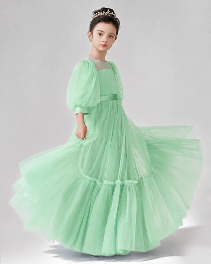 Mint Green Satin Tulle A-line Girls Formal Dress Side View