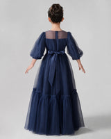 Navy Blue Satin Tulle A-line Girls Formal Dress Back View