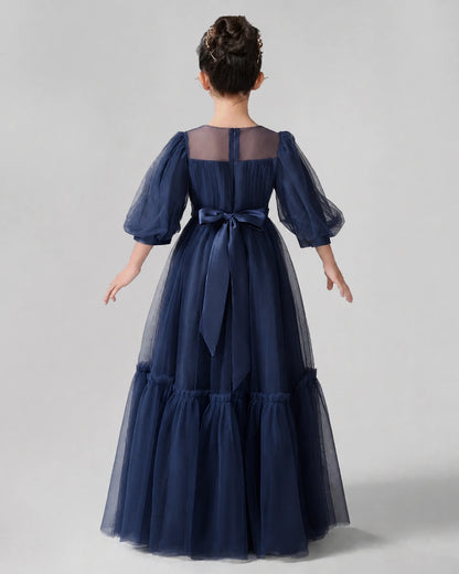 Navy Blue Satin Tulle A-line Girls Formal Dress Back View