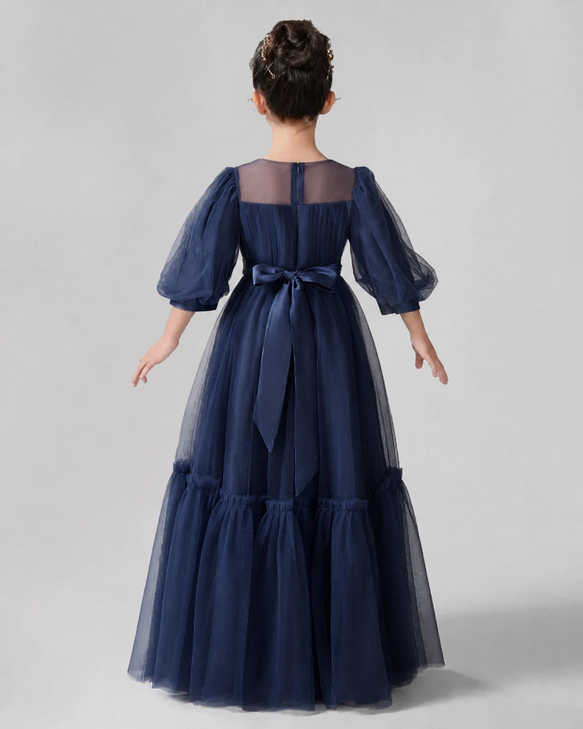 Navy Blue Satin Tulle A-line Girls Formal Dress Back View