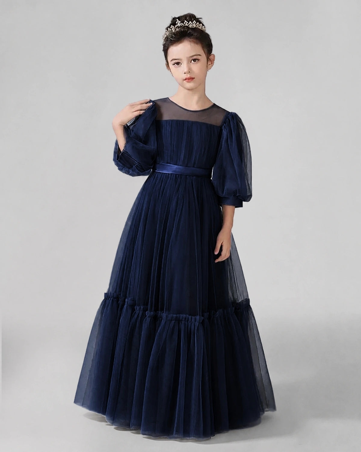 Navy Blue Satin Tulle A-line Girls Formal Dress Front View
