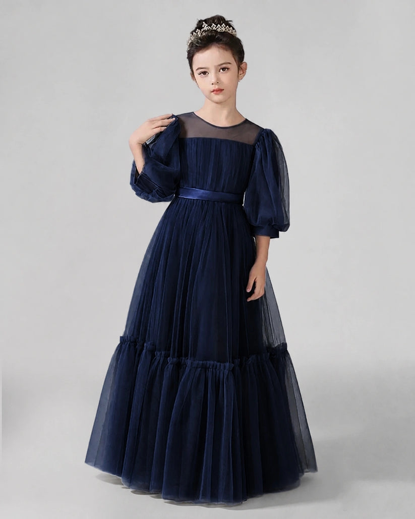 Navy Blue Satin Tulle A-line Girls Formal Dress Front View
