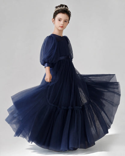 Navy Blue Satin Tulle A-line Girls Formal Dress Side View