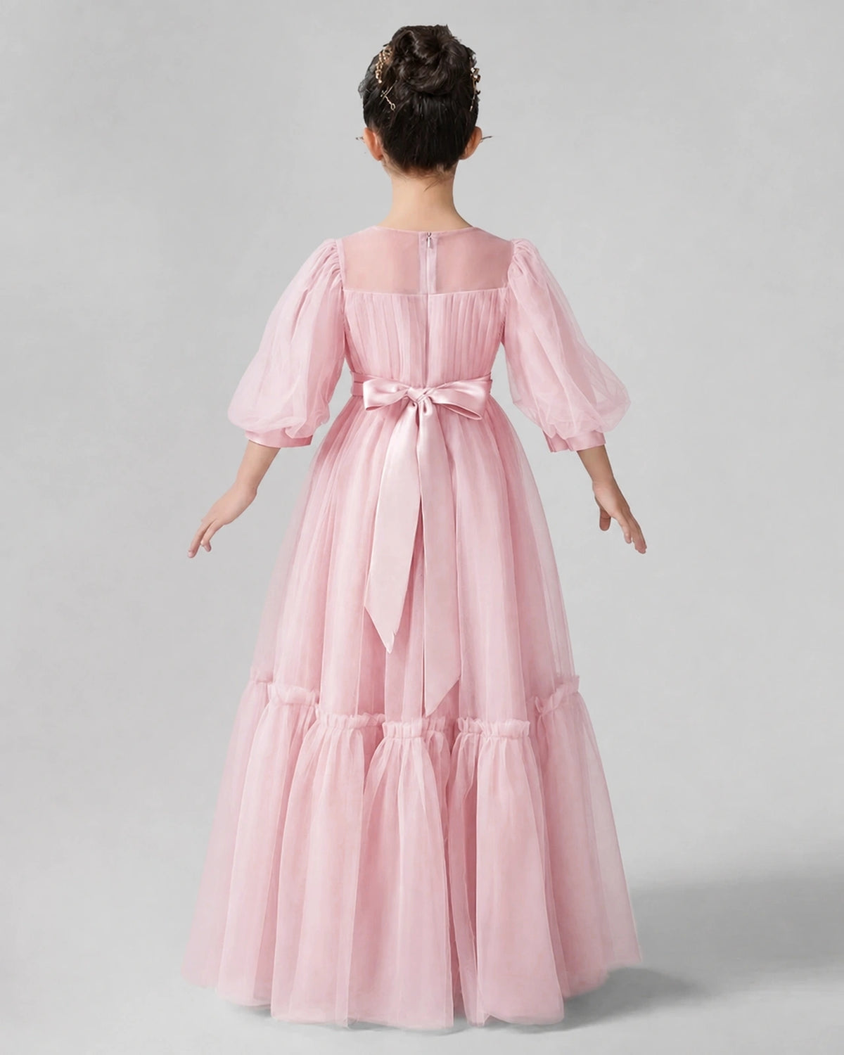 Pink Satin Tulle A-line Girls Formal Dress Back View