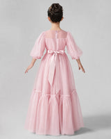 Pink Satin Tulle A-line Girls Formal Dress Back View