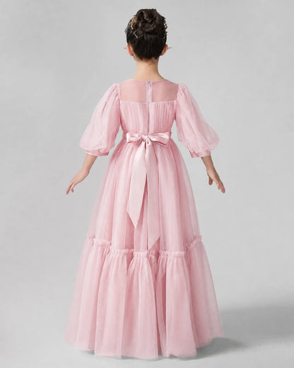 Pink Satin Tulle A-line Girls Formal Dress Back View