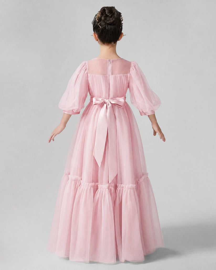 Pink Satin Tulle A-line Girls Formal Dress Back View