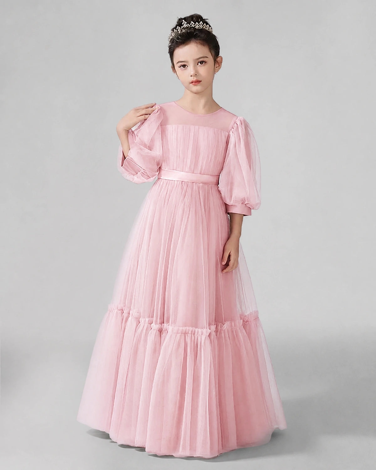 Pink Satin Tulle A-line Girls Formal Dress Front View