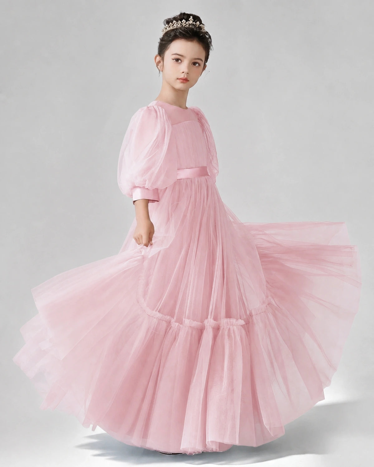 Pink Satin Tulle A-line Girls Formal Dress Side View