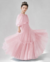Pink Satin Tulle A-line Girls Formal Dress Side View