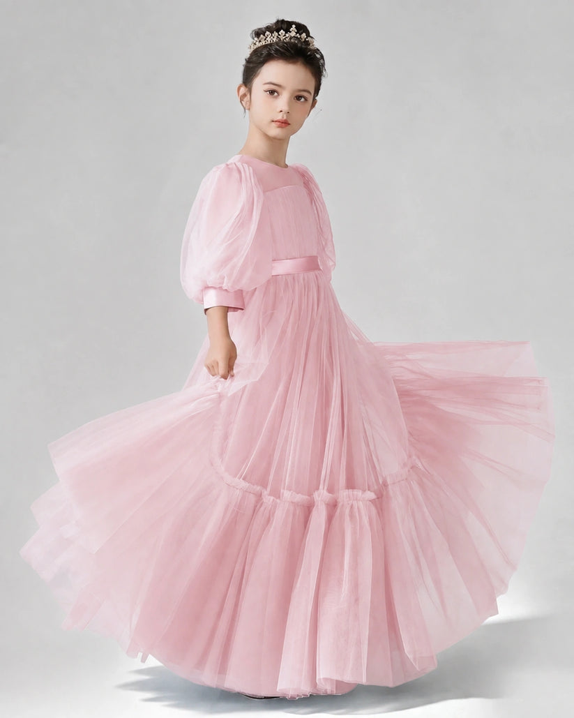 Pink Satin Tulle A-line Girls Formal Dress Side View