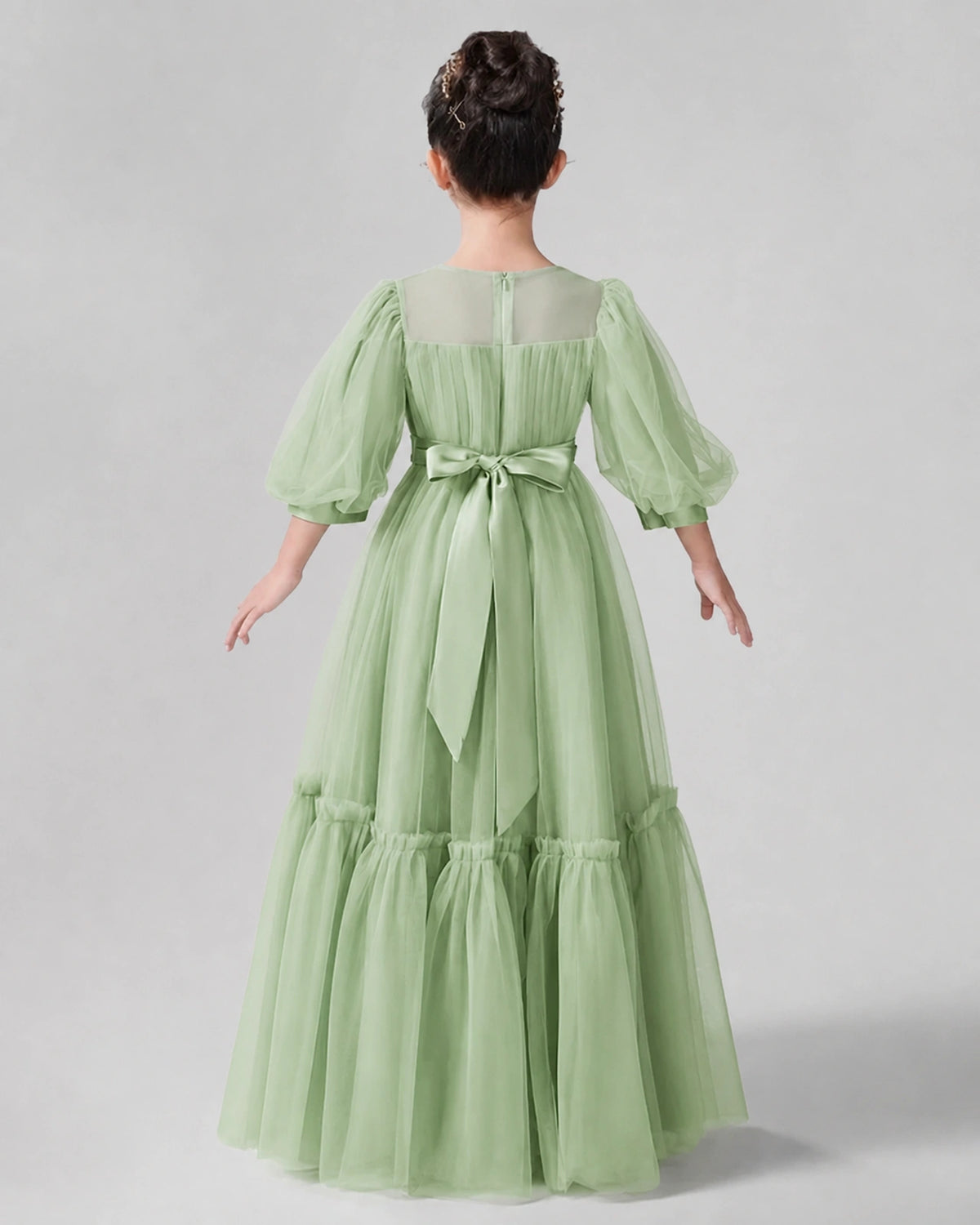 Sage Green Satin Tulle A-line Girls Formal Dress Back View