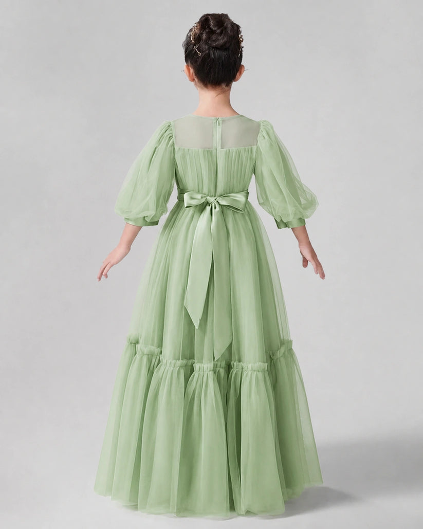 Sage Green Satin Tulle A-line Girls Formal Dress Back View
