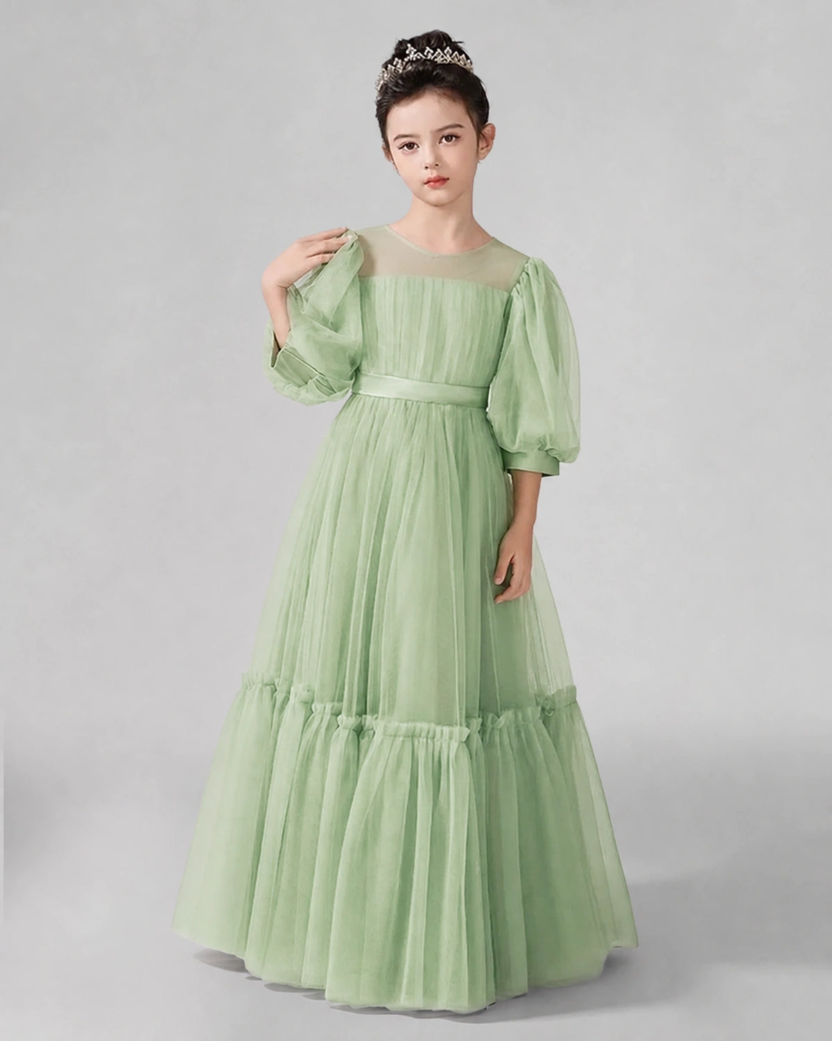 Sage Green Satin Tulle A-line Girls Formal Dress Front View