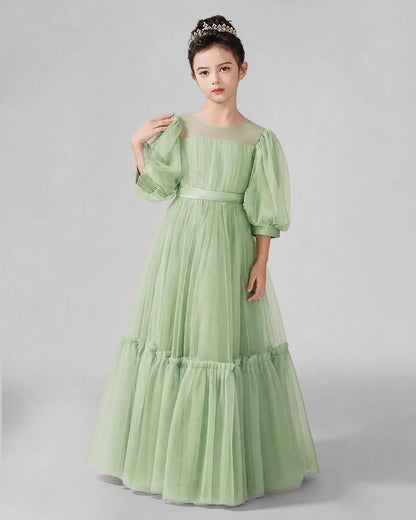 Sage Green Satin Tulle A-line Girls Formal Dress Front View
