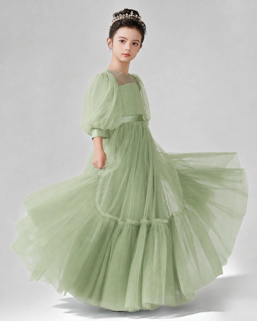 Sage Green Satin Tulle A-line Girls Formal Dress Side View