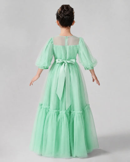 Turquoise Satin Tulle A-line Girls Formal Dress Back View