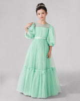 Turquoise Satin Tulle A-line Girls Formal Dress Front View