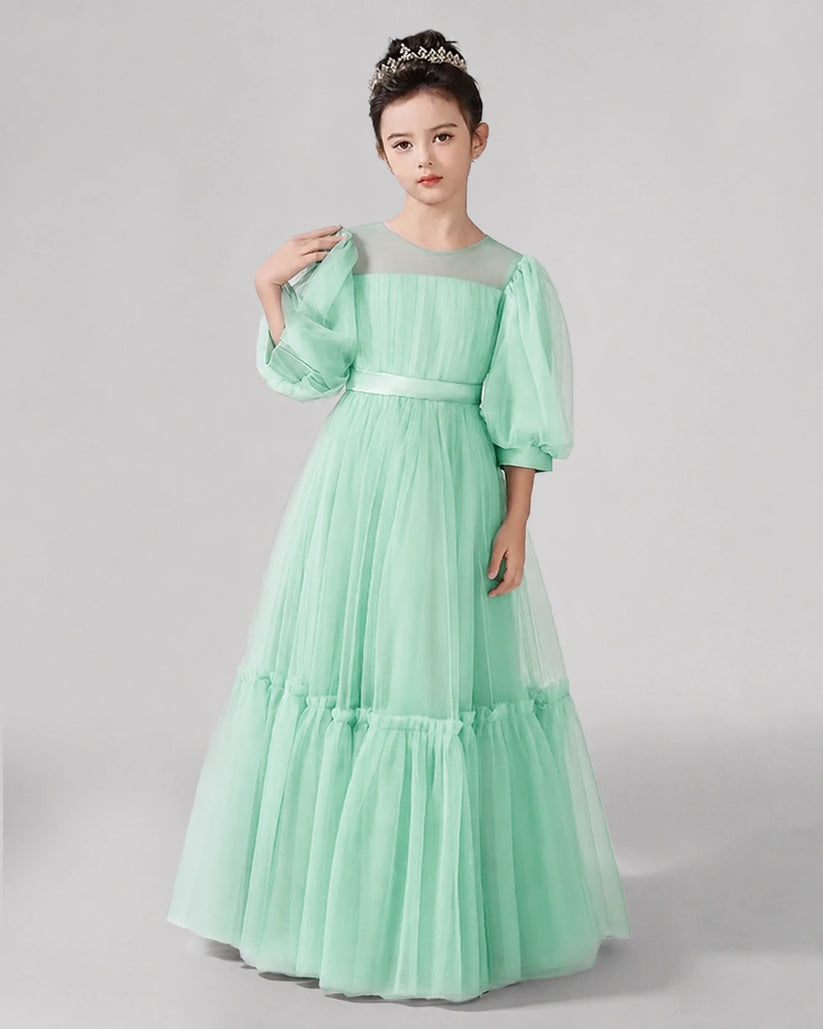 Turquoise Satin Tulle A-line Girls Formal Dress Front View