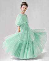 Turquoise Satin Tulle A-line Girls Formal Dress Side View