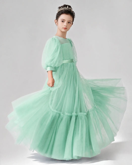 Turquoise Satin Tulle A-line Girls Formal Dress Side View