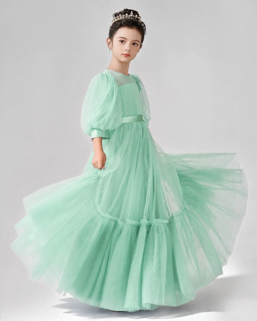 Turquoise Satin Tulle A-line Girls Formal Dress Side View