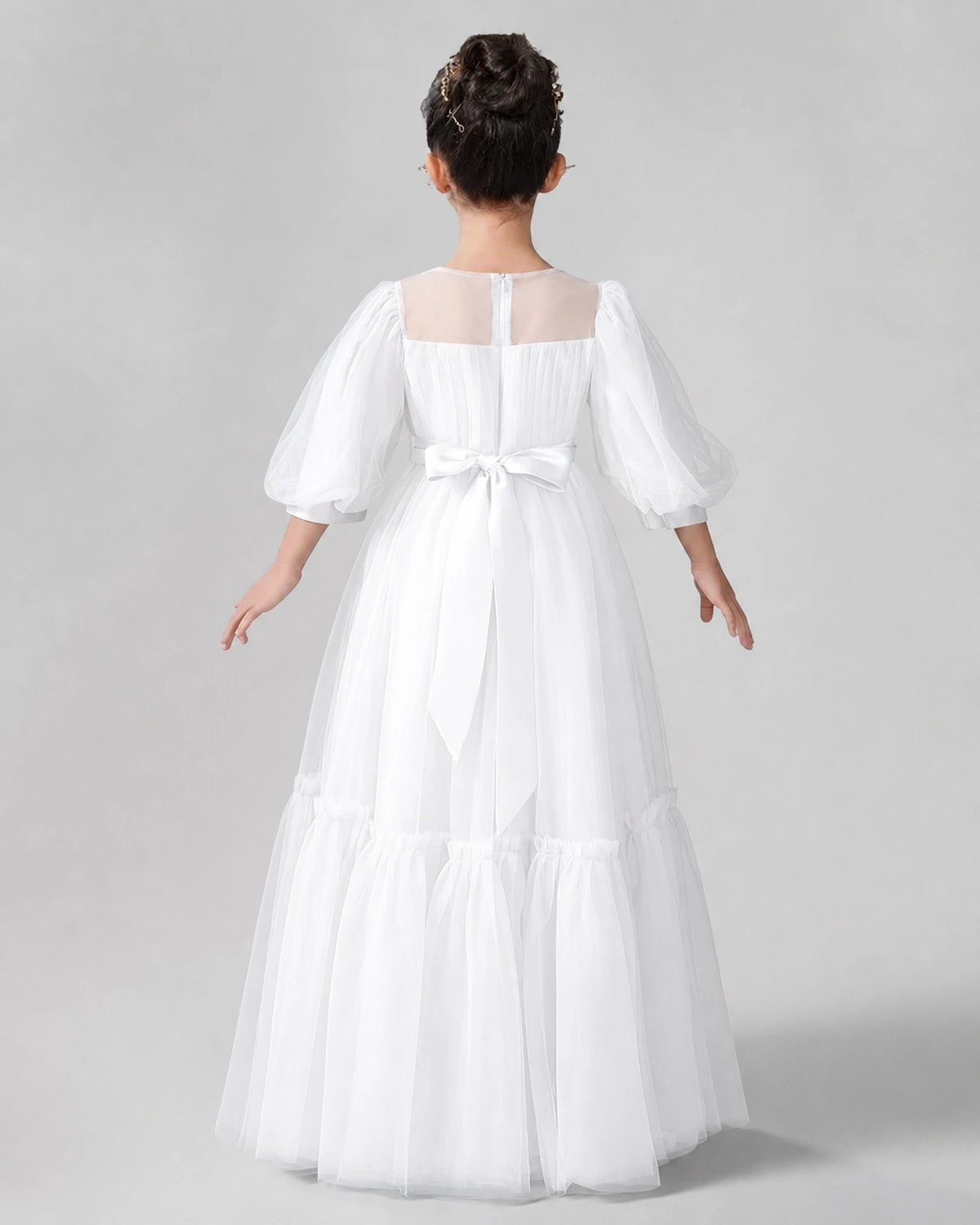 White Satin Tulle A-line Girls Formal Dress Back View