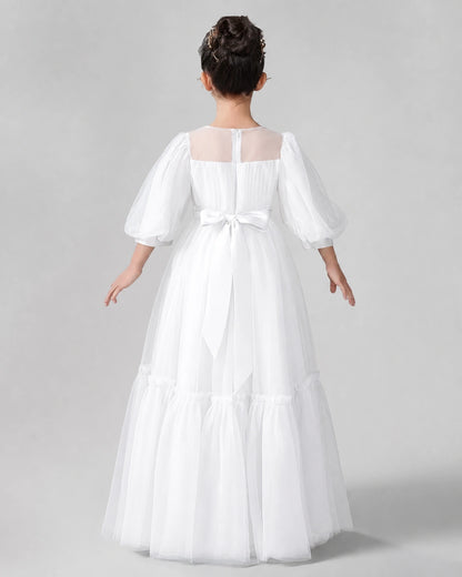 White Satin Tulle A-line Girls Formal Dress Back View