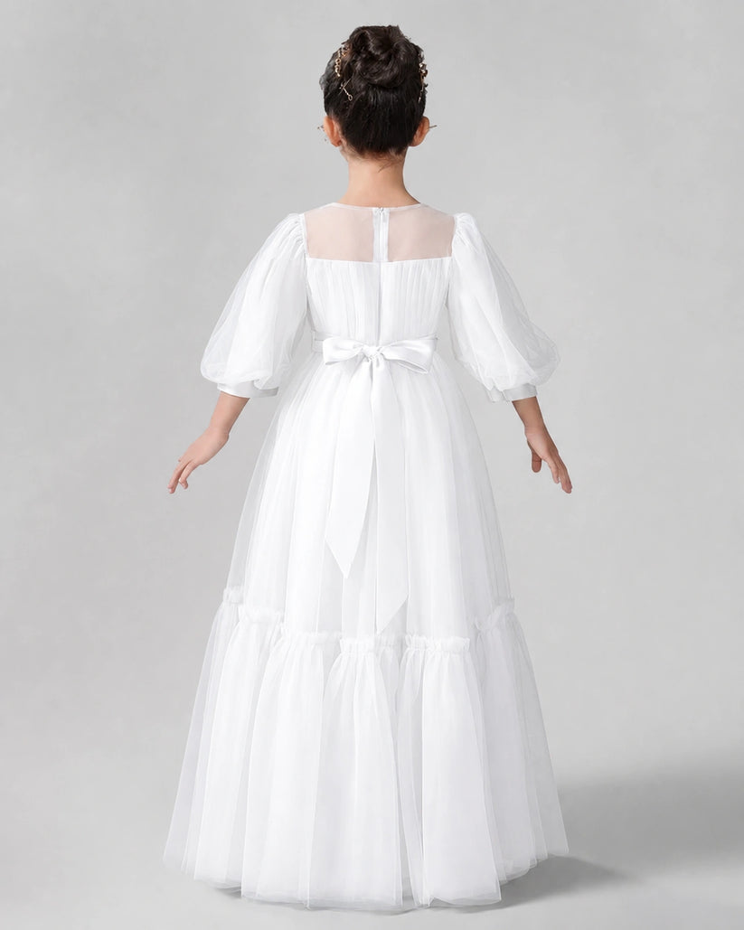 White Satin Tulle A-line Girls Formal Dress Back View