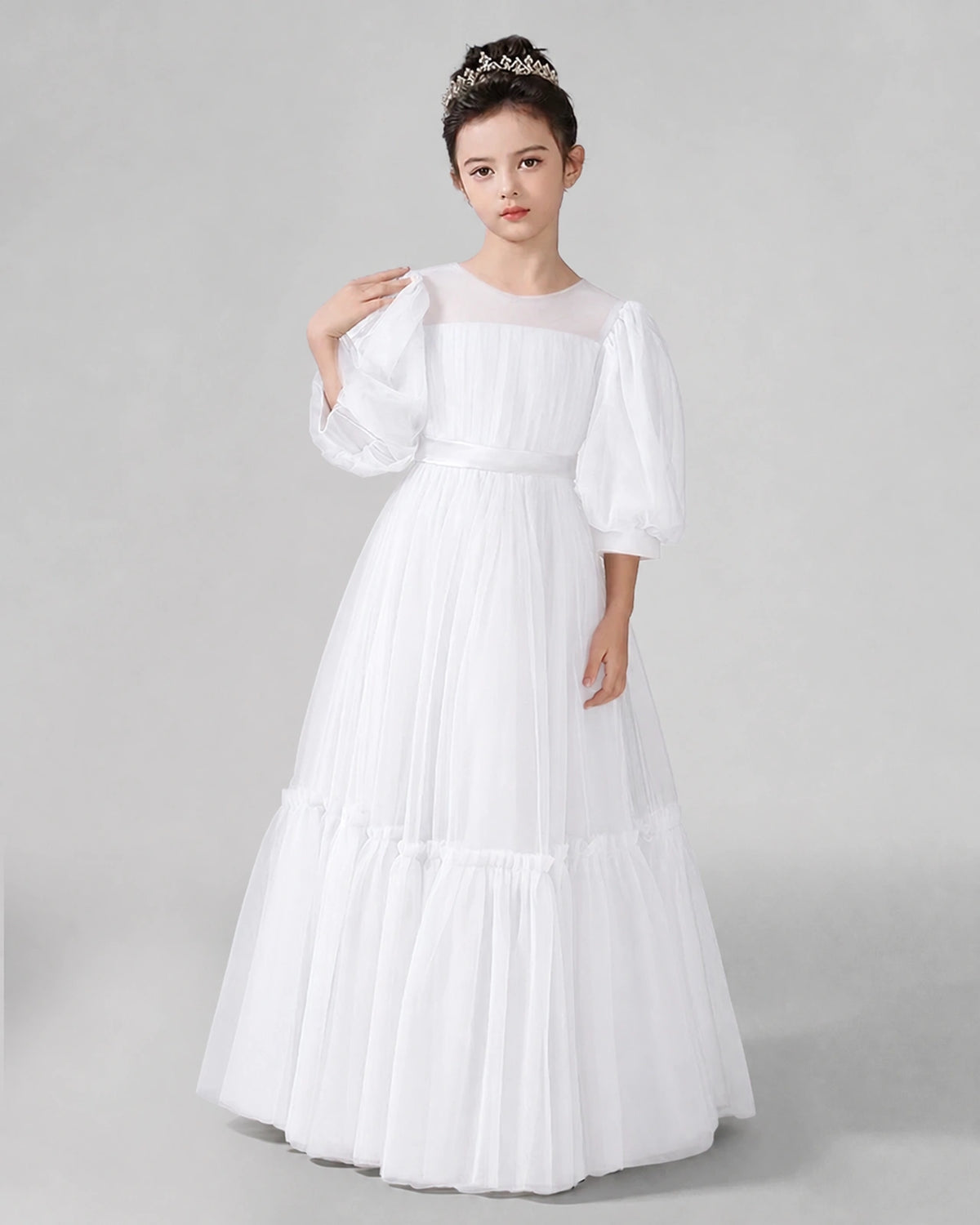 White Satin Tulle A-line Girls Formal Dress Front View