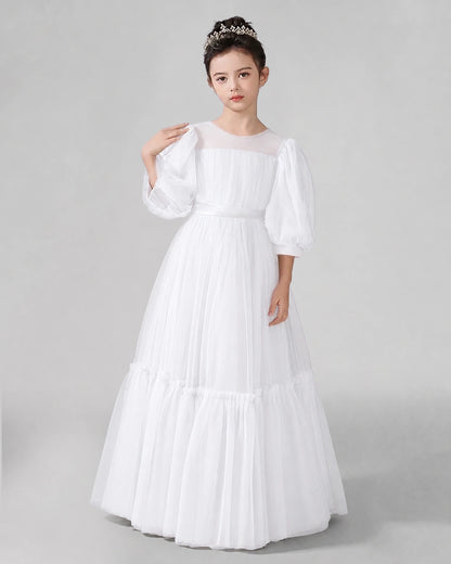 White Satin Tulle A-line Girls Formal Dress Front View