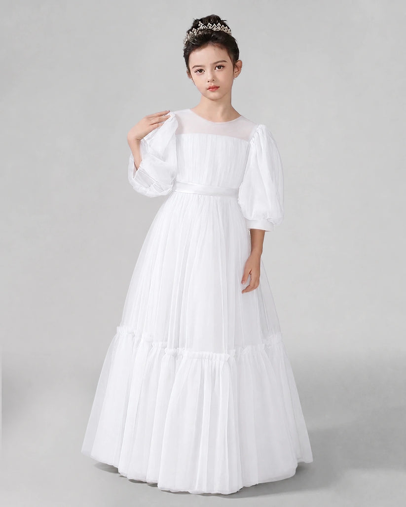 White Satin Tulle A-line Girls Formal Dress Front View