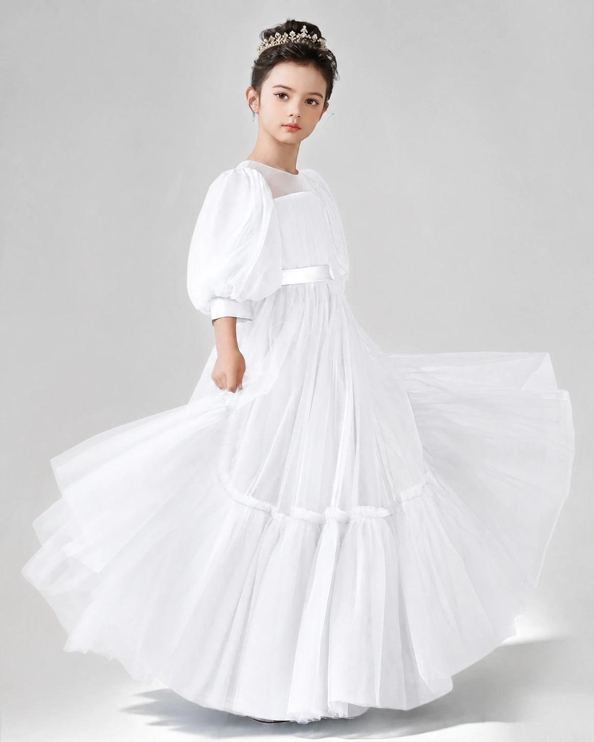 White Satin Tulle A-line Girls Formal Dress Side View