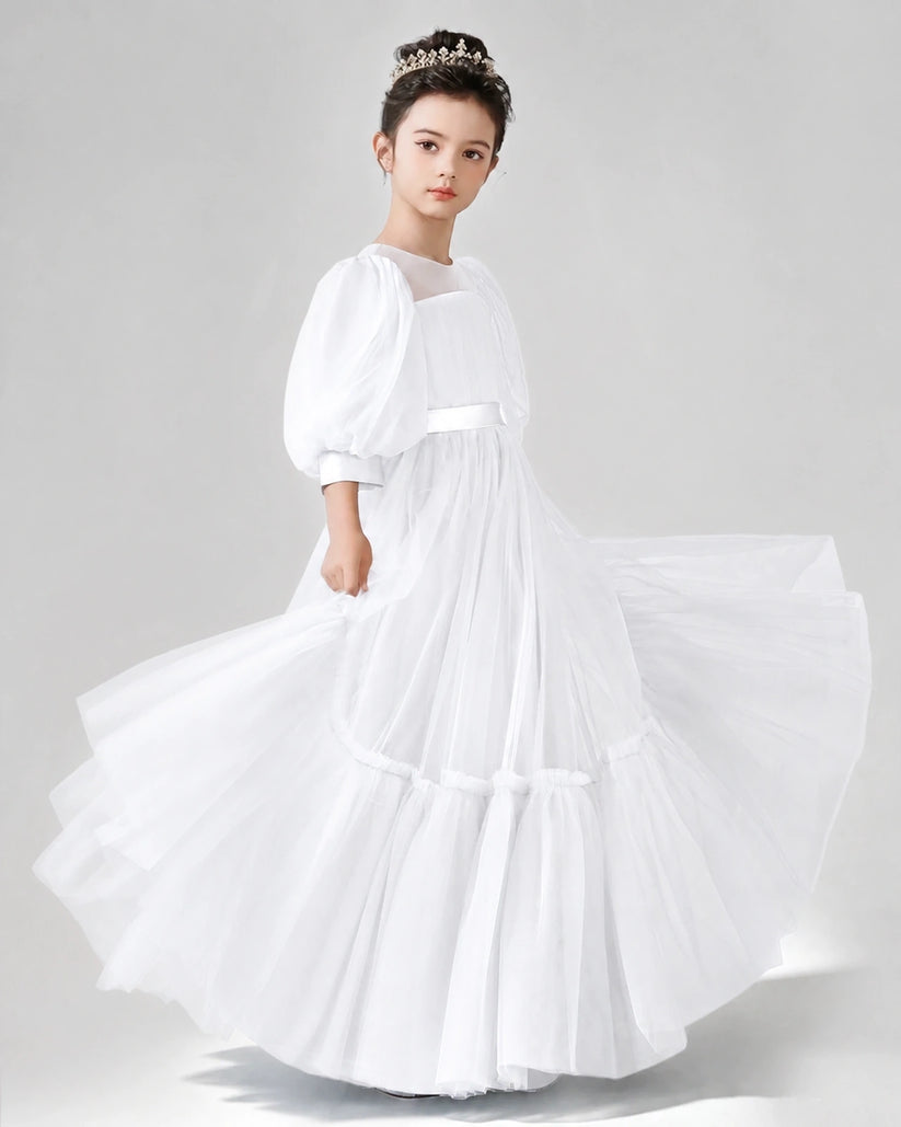 White Satin Tulle A-line Girls Formal Dress Side View