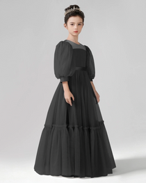 Dideyttawl Girls Formal Dress with Puff Sleeves and Tiered Tulle Skirt