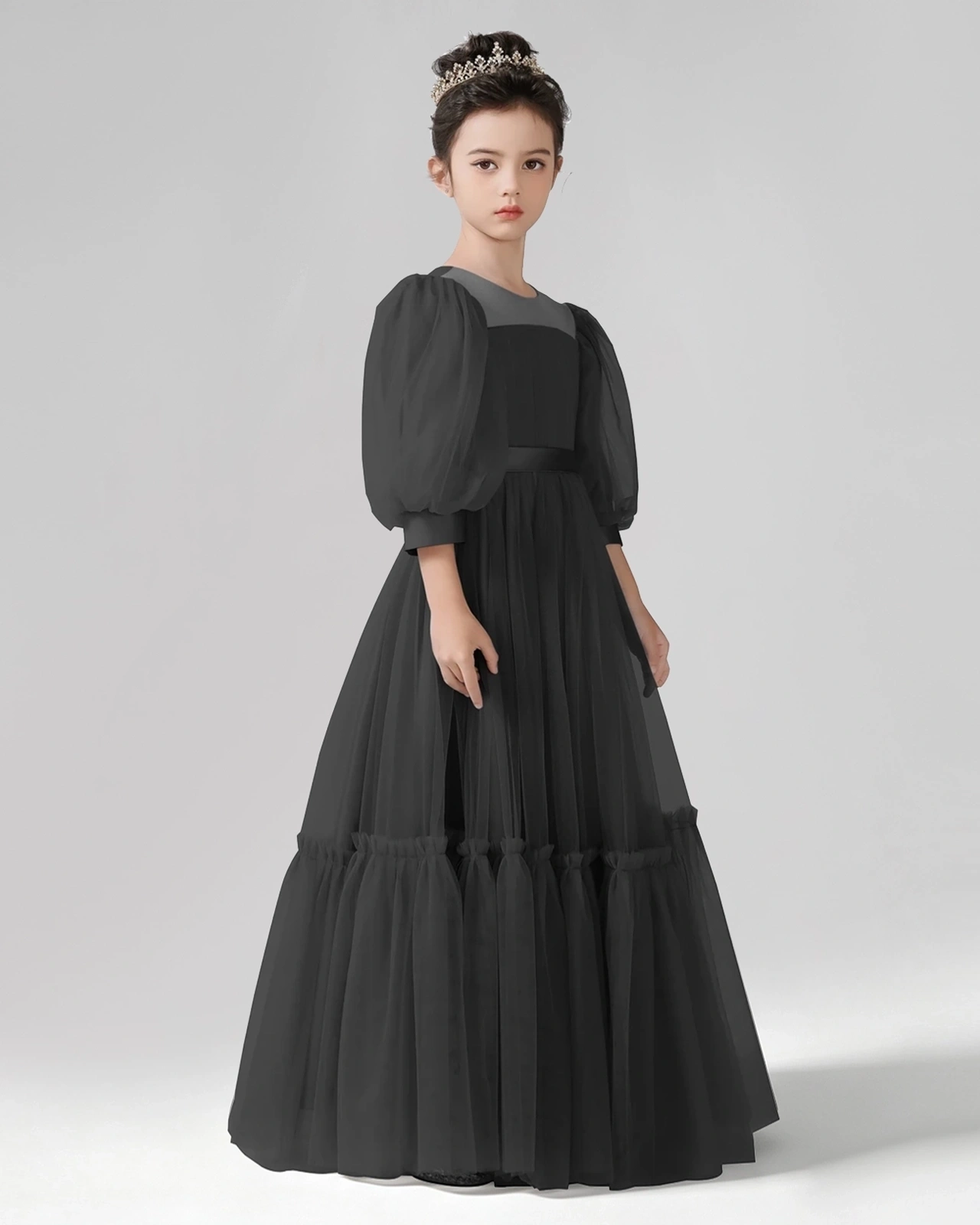 Dideyttawl Girls Formal Dress with Puff Sleeves and Tiered Tulle Skirt