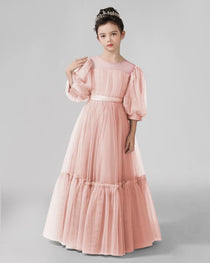 Dideyttawl Girls Formal Dress with Puff Sleeves and Tiered Tulle Skirt